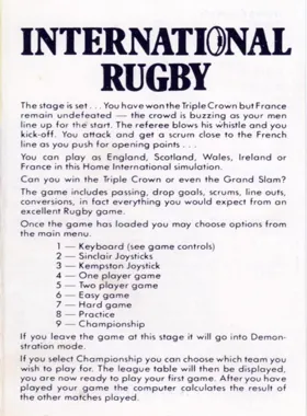 International Rugby (UK) (1985) box cover back